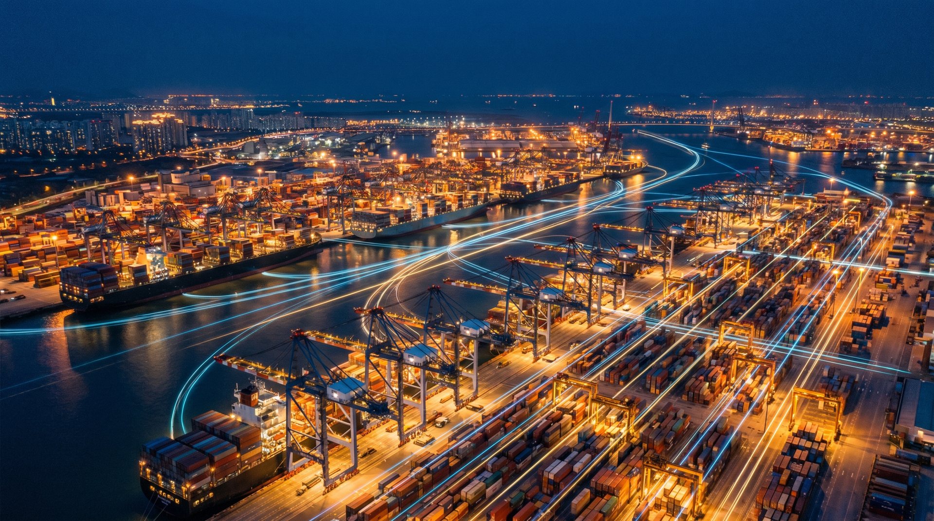 Global container port and logistics network at twilight