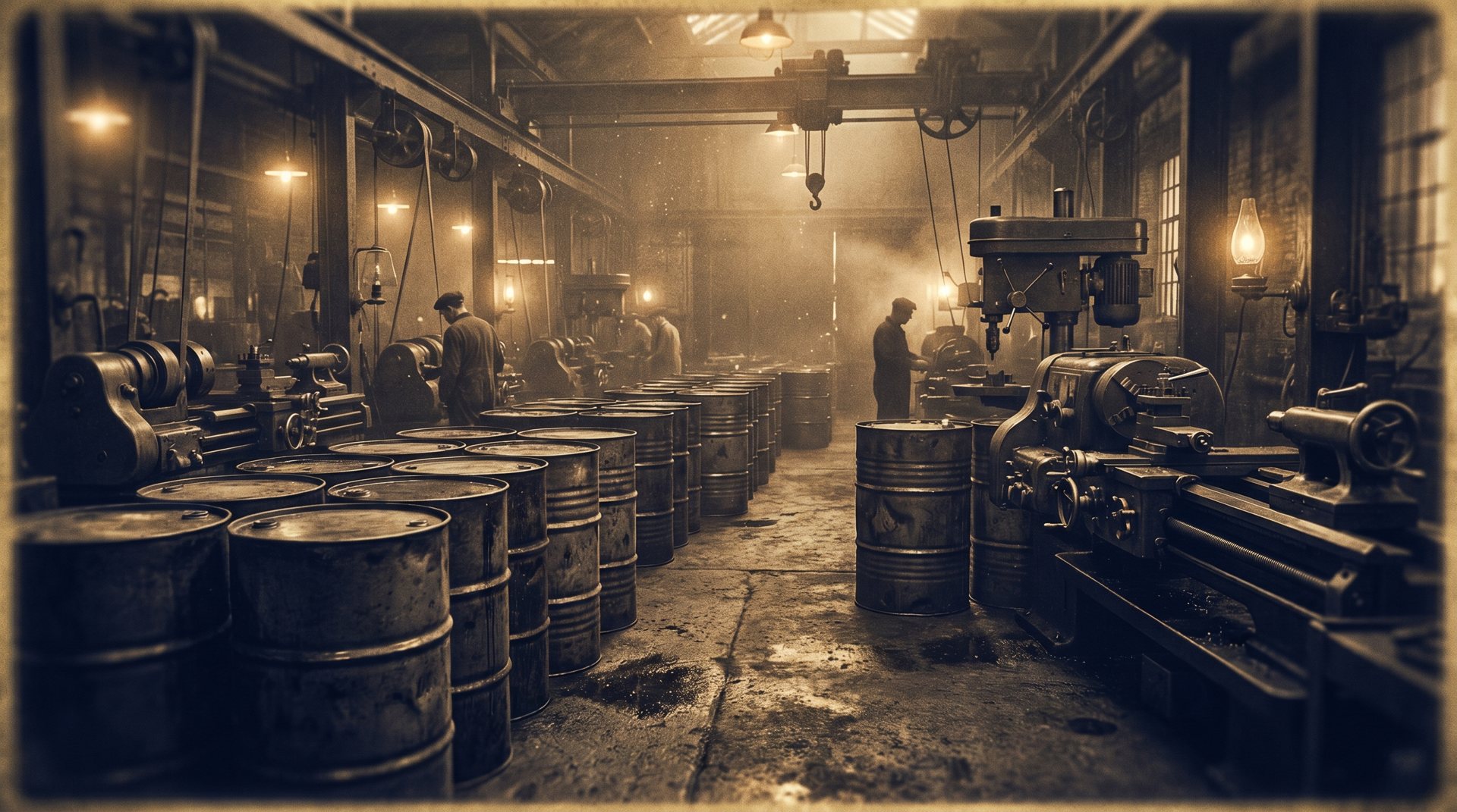 Heritage industrial workshop with steel oil barrels
